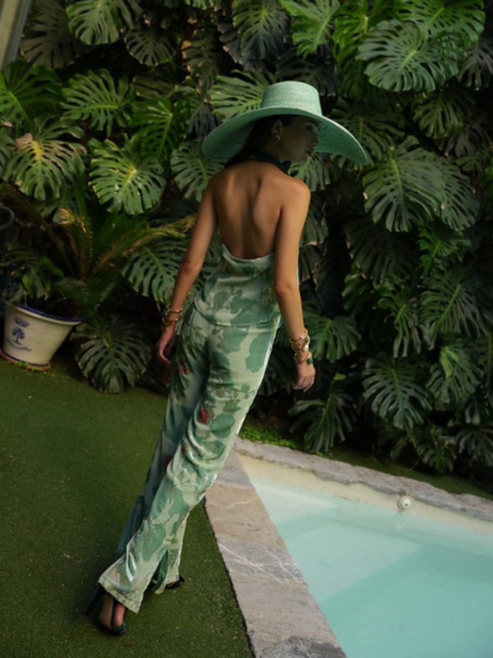 Claw the Label La Piazza Set NWT Green Floral Silk Pant Set Wedding Guest Resort - Picture 10 of 16